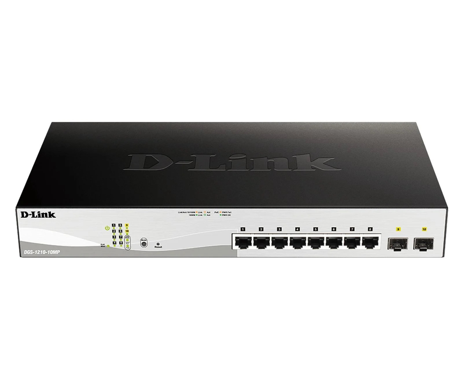 Коммутатор управляемый L2 D-Link DGS-1210-10MP/FL2A с 8 портами 10/100/1000Base-T и 2 портами 1000Base-X SFP (8 портов PoE 802.3af/at, PoE-бюджет 130