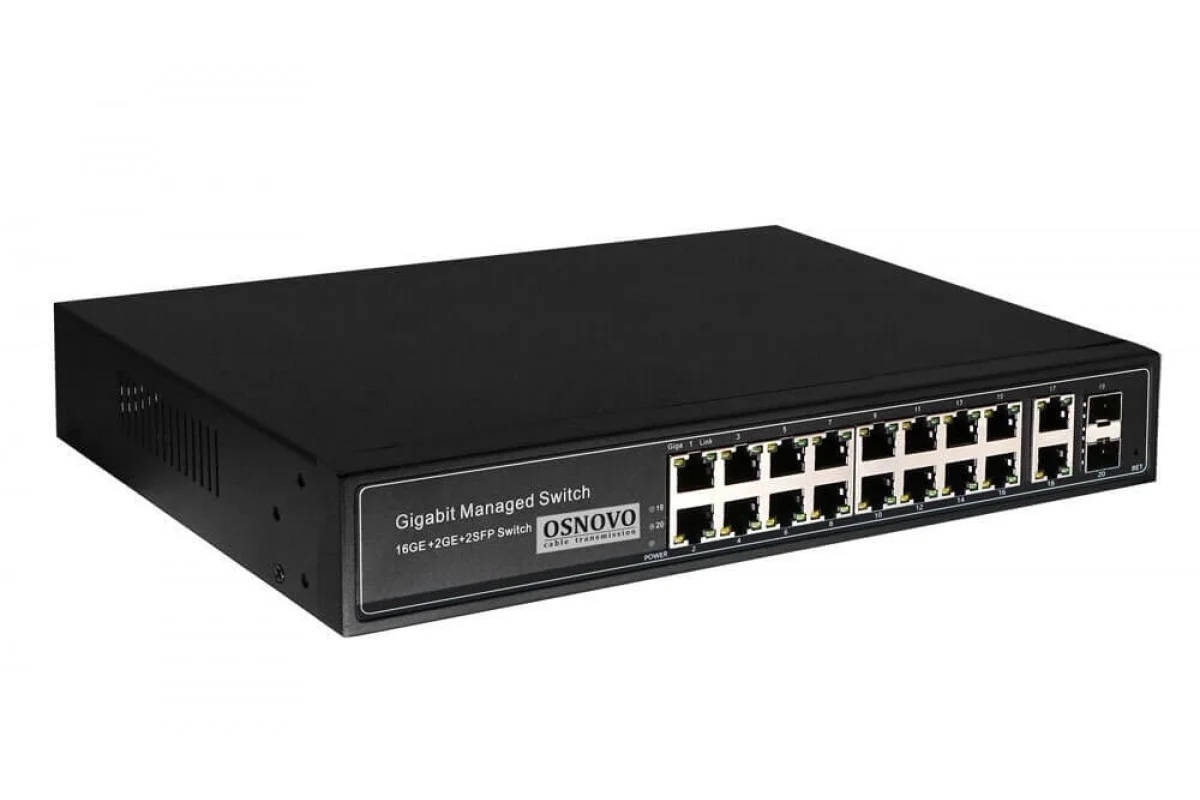 Коммутатор управляемый L2 PoE OSNOVO SW-8182/L(300W) Gigabit Ethernet на 16 RJ45 PoE + 2 x RJ45 + 2 GE SFP портов, до 30W на порт, суммарно до 300W