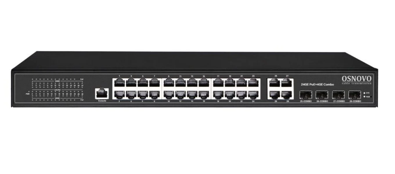 Коммутатор управляемый L2 PoE Osnovo SW-8244/L(400W) Gigabit Ethernet на 24 RJ45 PoE + 4 x GE Combo Uplink, до 30W на порт, суммарно до 400W