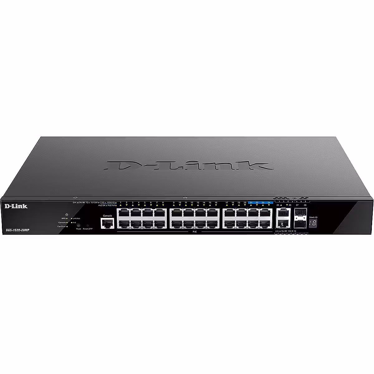 Коммутатор управляемый L3 стекируемый D-Link DGS-1520-28MP/A1A с 20 портами 10/100/1000Base-T, 4 портами 100/1000/2.5Gbase-T, 2 портами 10Gbase-T и 2