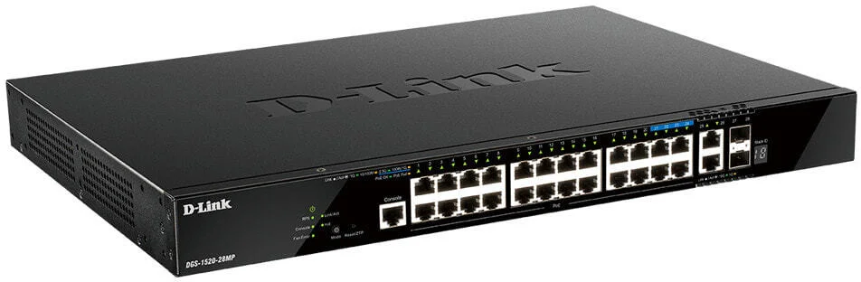 Коммутатор управляемый L3 стекируемый D-Link DGS-1520-28MP/A1A с 20 портами 10/100/1000Base-T, 4 портами 100/1000/2.5Gbase-T, 2 портами 10Gbase-T и 2