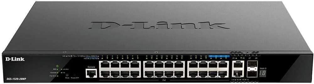 Коммутатор управляемый L3 стекируемый D-Link DGS-1520-28MP/A1A с 20 портами 10/100/1000Base-T, 4 портами 100/1000/2.5Gbase-T, 2 портами 10Gbase-T и 2