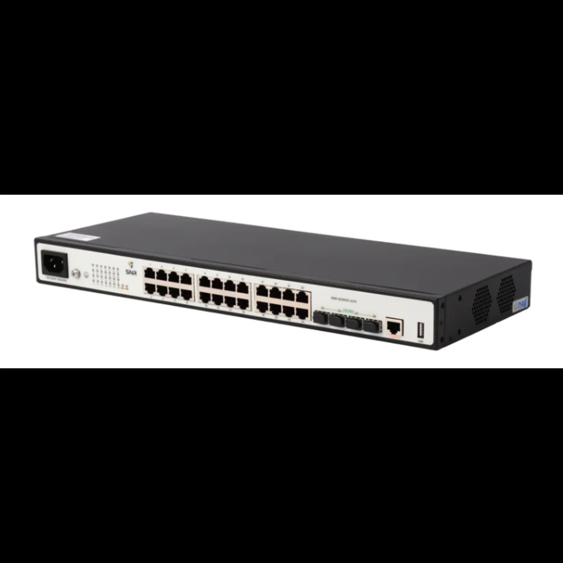 Коммутатор управляемый SNR 2+, 24 порта 10/100/1000Base-T, 4 порта 1/10G SFP+, встроенный БП ~220V AC, разъем для АКБ 12V с возможностью заряда