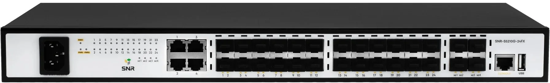 Коммутатор управляемый SNR 2+, 24 порта 10/100/1000Base-T, 4 порта 1/10G SFP+, встроенный БП ~220V AC, разъем для АКБ 12V с возможностью заряда