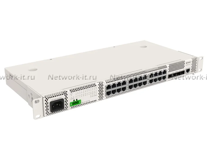 Коммутатор управляемый SNR 2+, 24 порта 10/100/1000Base-T, 4 порта 1/10G SFP+, встроенный БП ~220V AC, разъем для АКБ 12V с возможностью заряда