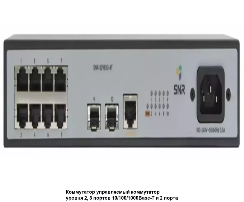 Коммутатор управляемый SNR уровня 2, 8 портов 10/100/1000Base-T и 2 порта 100/1000BASE-X (SFP)