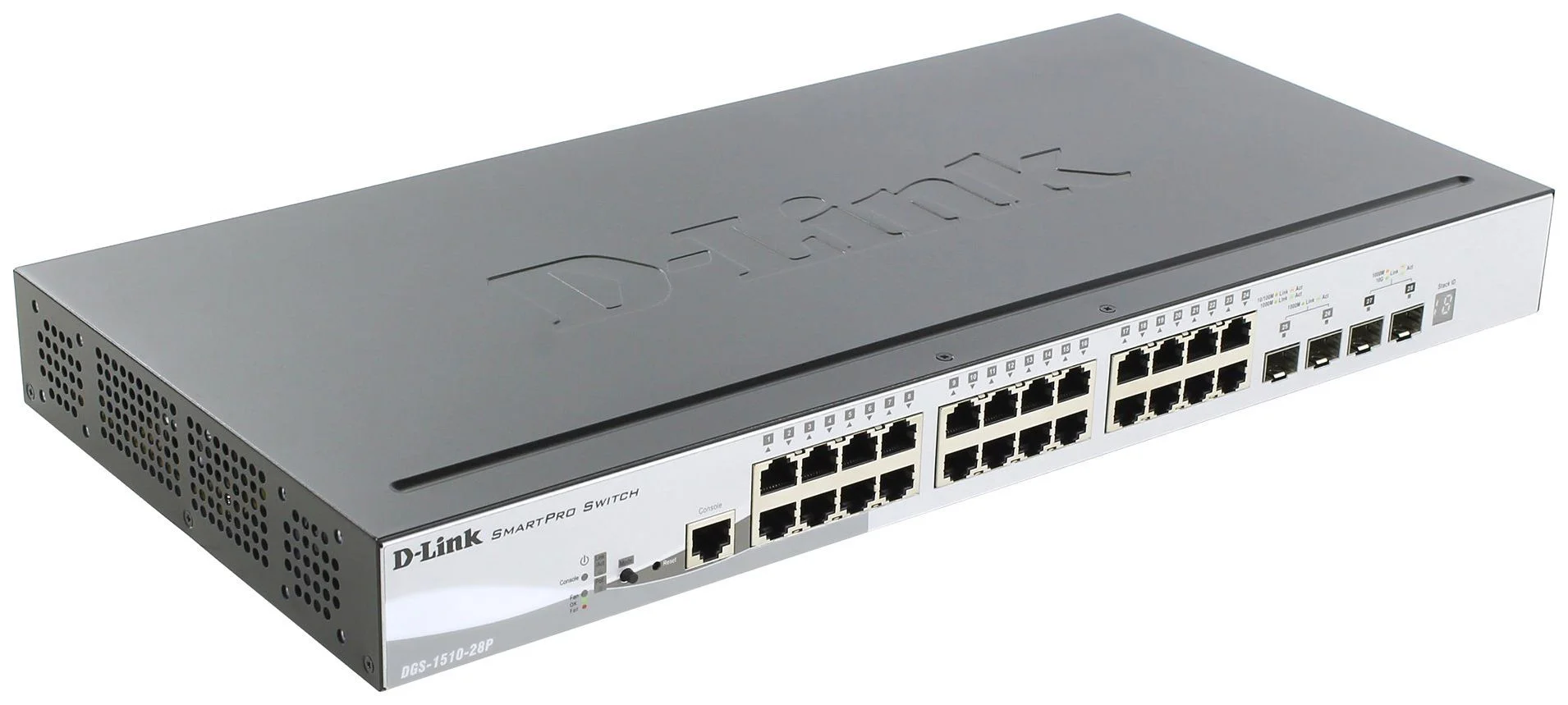 Коммутатор управляемый стекируемый D-Link DGS-1510-28P/A1A SmartPro с 24 портами 10/100/1000Base-T с поддержкой PoE, 2 портами 1000Base-X SFP и 2 порт