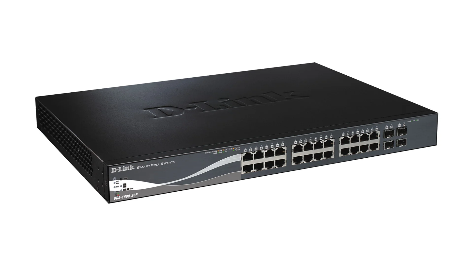 Коммутатор управляемый стекируемый D-Link DGS-1510-28P/A1A SmartPro с 24 портами 10/100/1000Base-T с поддержкой PoE, 2 портами 1000Base-X SFP и 2 порт