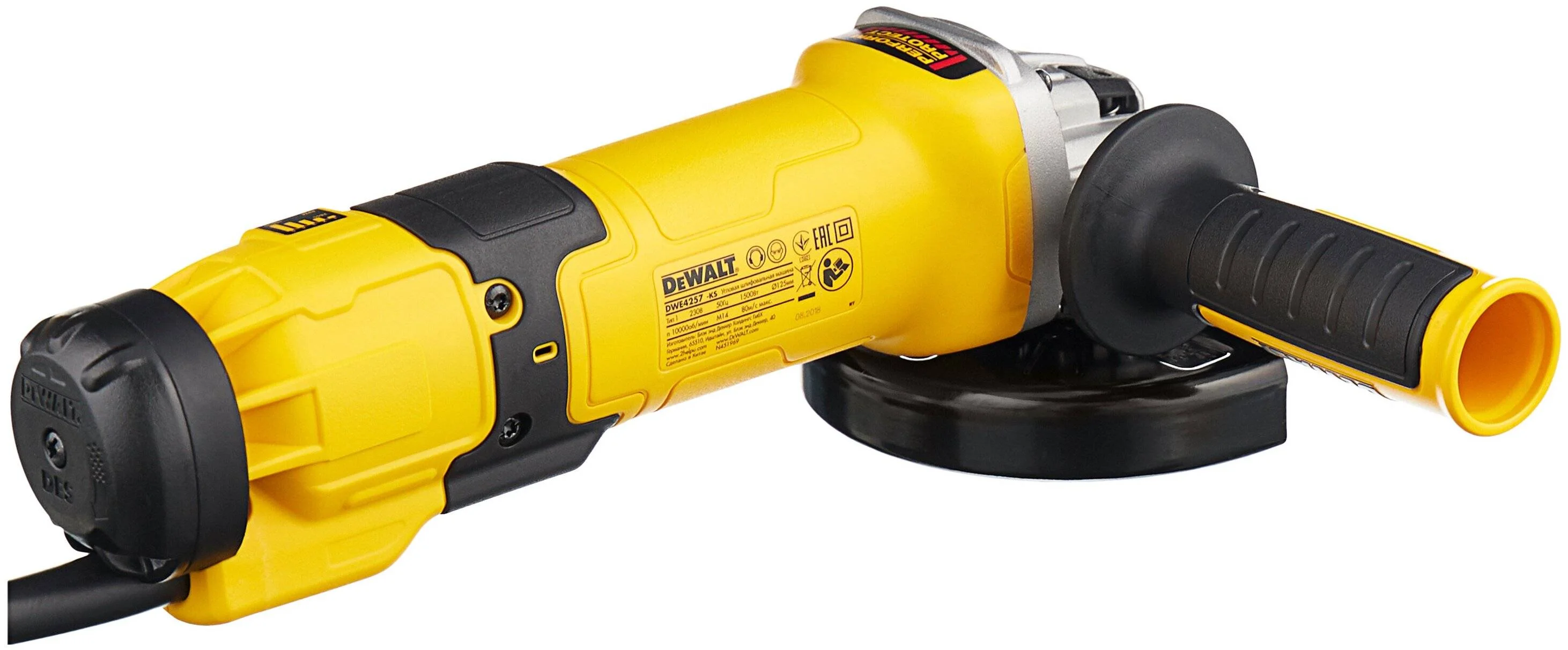 Углошлифовальная машина DeWalt DWE4257-QS 1500Вт 10000об/мин рез.шпин.:M14 d=125мм
