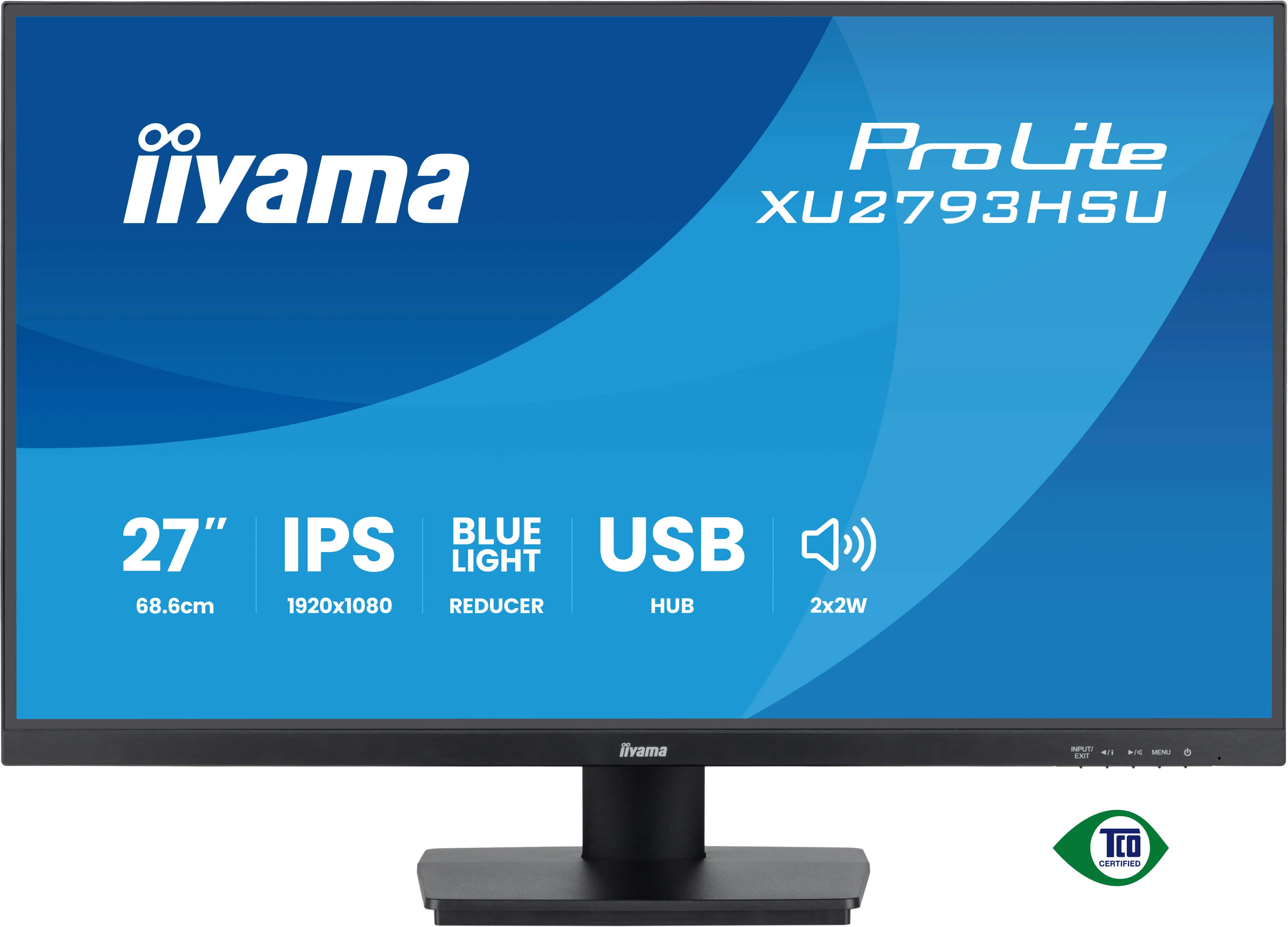 Монитор 27" Iiyama ProLite XU2793HSU-B7 IPS 1920x1080, 100 Гц, 1 мс, 16:9, 300 кд/м², HDMI 2.0, DP 1.2, 3.5 Jack, USB Hub (2x USB 2.0), динамики (2x2