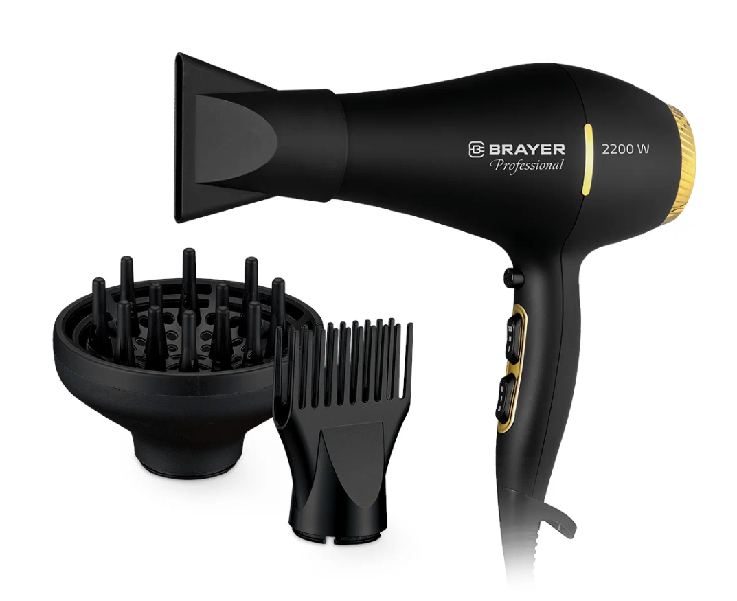 Фен BRAYER BR3010, 2200 Вт, АС мотор, 2 cкор, 3 темп., узкий конц., диффуз, гребень, холод.