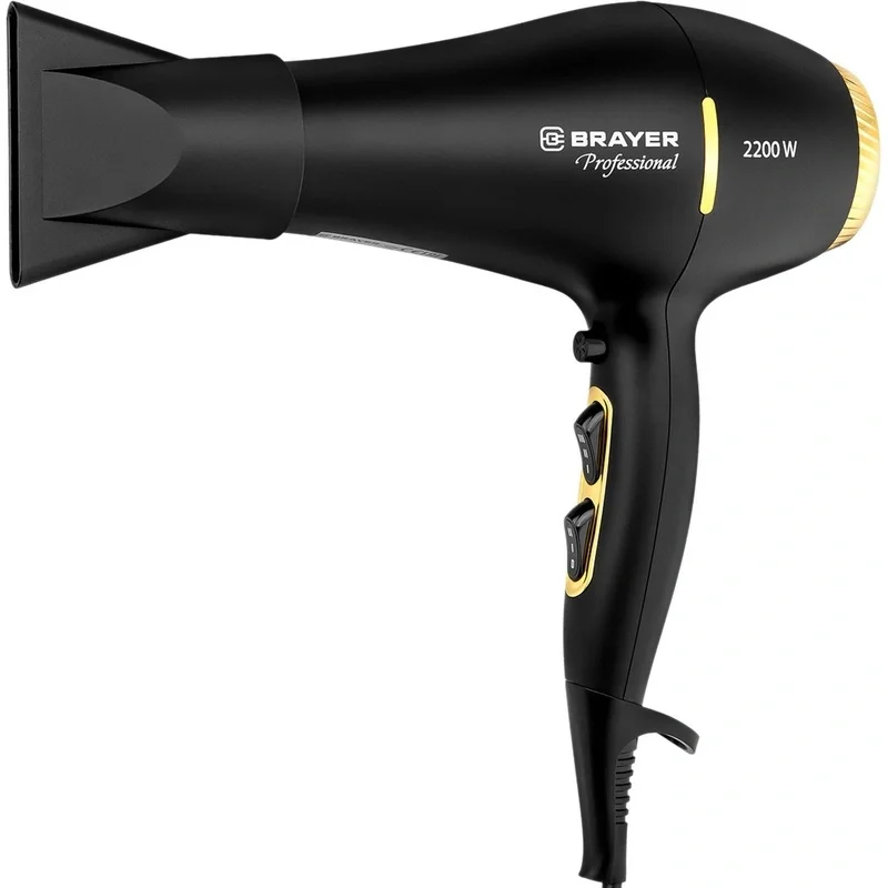 Фен BRAYER BR3010, 2200 Вт, АС мотор, 2 cкор, 3 темп., узкий конц., диффуз, гребень, холод.