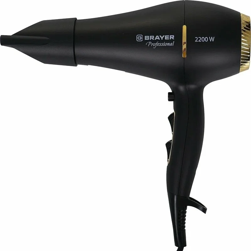 Фен BRAYER BR3010, 2200 Вт, АС мотор, 2 cкор, 3 темп., узкий конц., диффуз, гребень, холод.