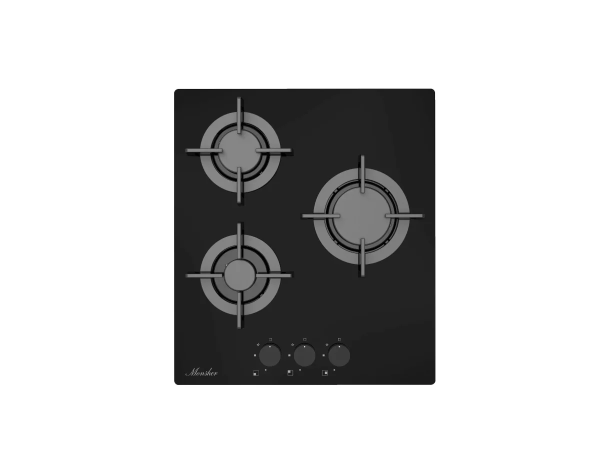 Варочная поверхность MONSHER MGG 44 Noir, High-Tech, газ, 45 см, газ-контроль, автоматический электроподжиг, чугунные решетки, форсунки под сжиженый г