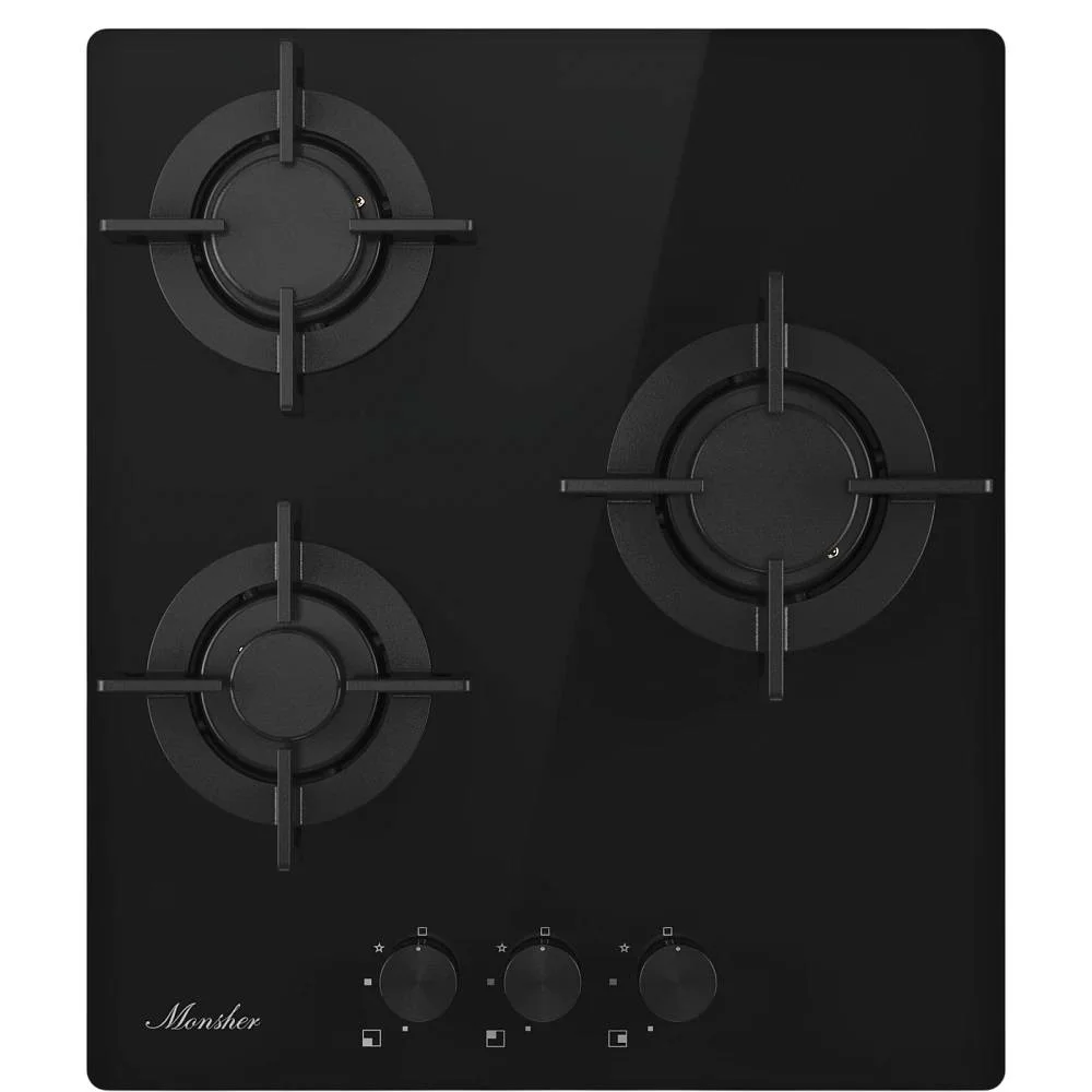 Варочная поверхность MONSHER MGG 44 Noir, High-Tech, газ, 45 см, газ-контроль, автоматический электроподжиг, чугунные решетки, форсунки под сжиженый г