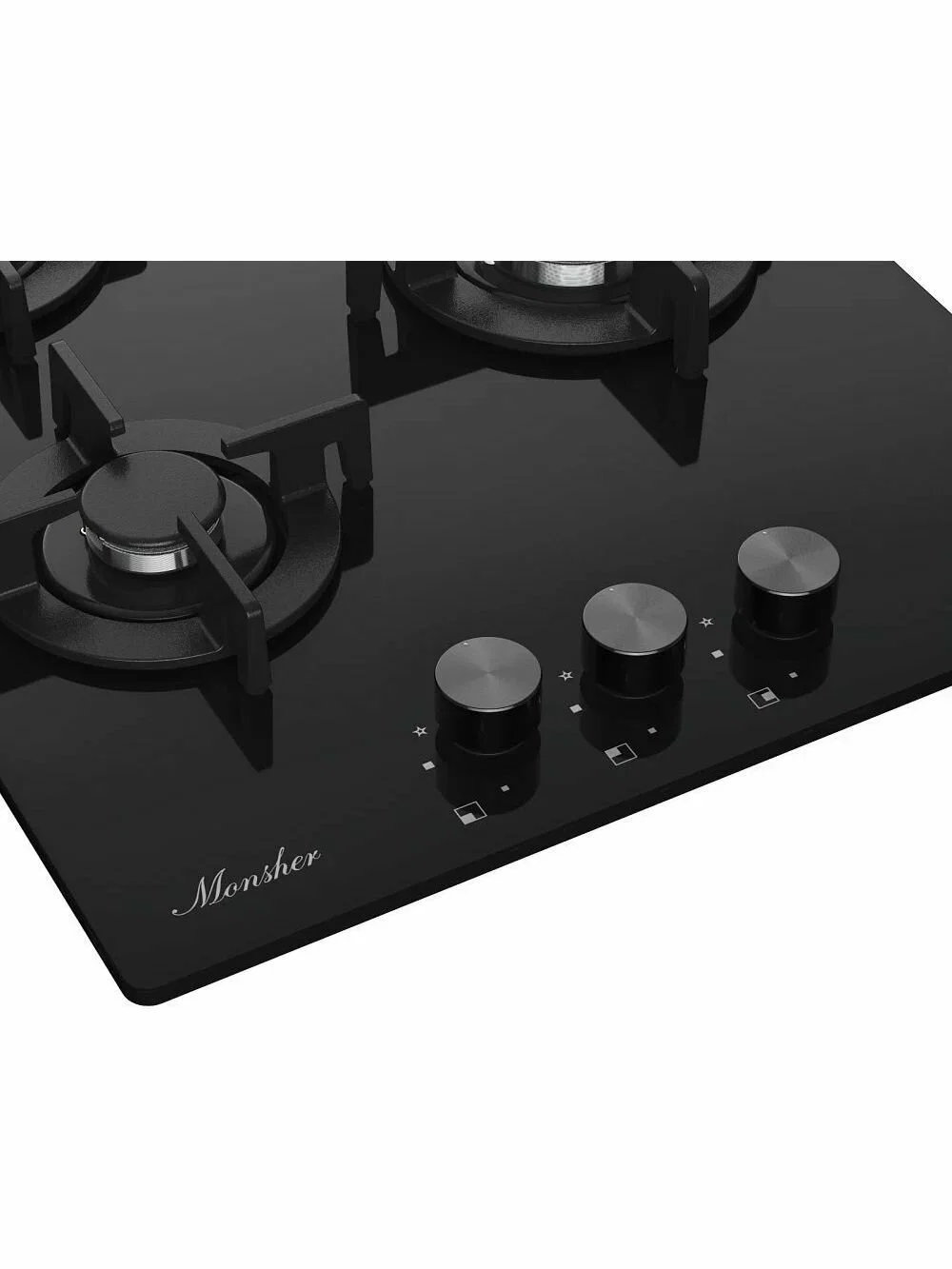 Варочная поверхность MONSHER MGG 44 Noir, High-Tech, газ, 45 см, газ-контроль, автоматический электроподжиг, чугунные решетки, форсунки под сжиженый г