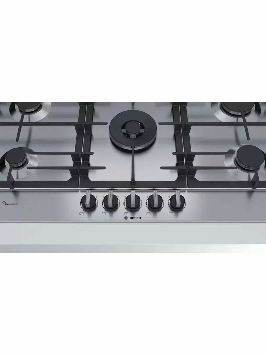 Газовая варочная панель Bosch PCR9A5I90M,90 см,нержавеющая сталь, 5 конфорок, 1 WOK-конфорка c 2 контурами пламени, 1 конфорка повышенной мощности,чуг