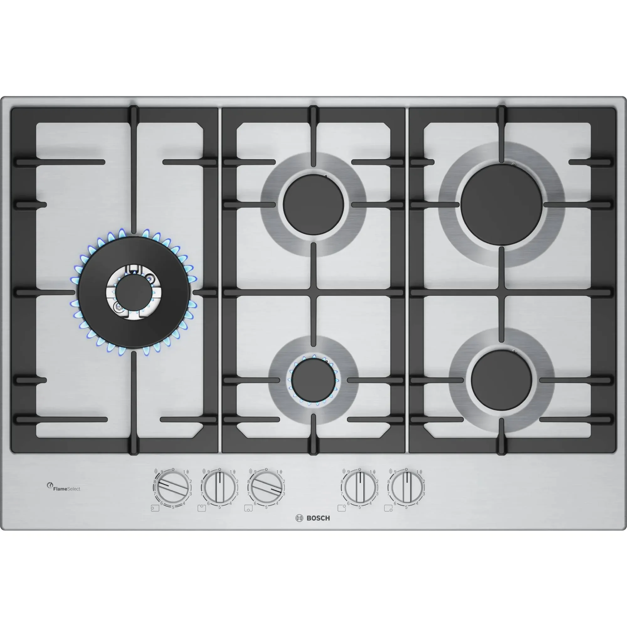 Газовая варочная панель Bosch PCS7A5I90 75 см, нерж.сталь, независимая, нержавеющая сталь,чугунные решетки