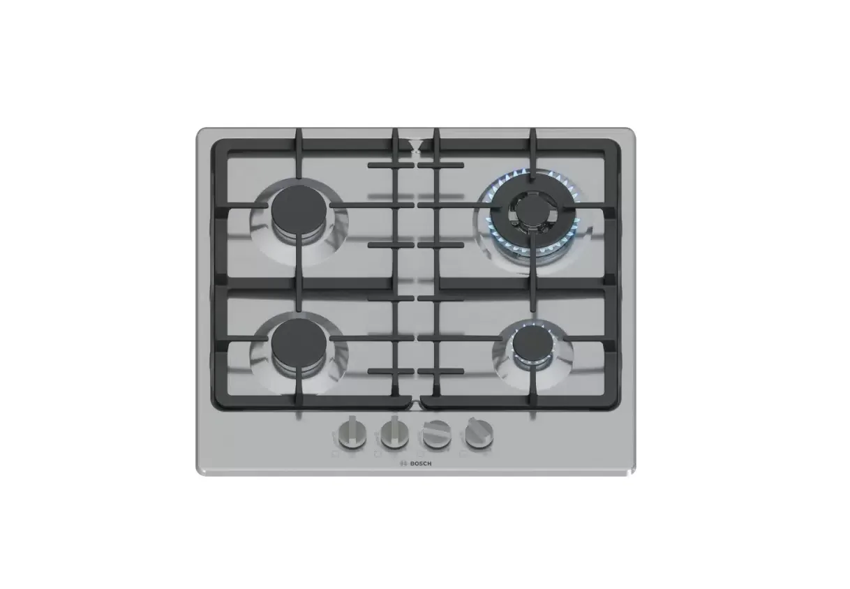 Газовая варочная панель Bosch PGH6B5K90R Serie 4, 60см, нержавеющая сталь, 4 конфорки,1 WOK-конфорка c 2 контурами пламени, составные чугунные решетки