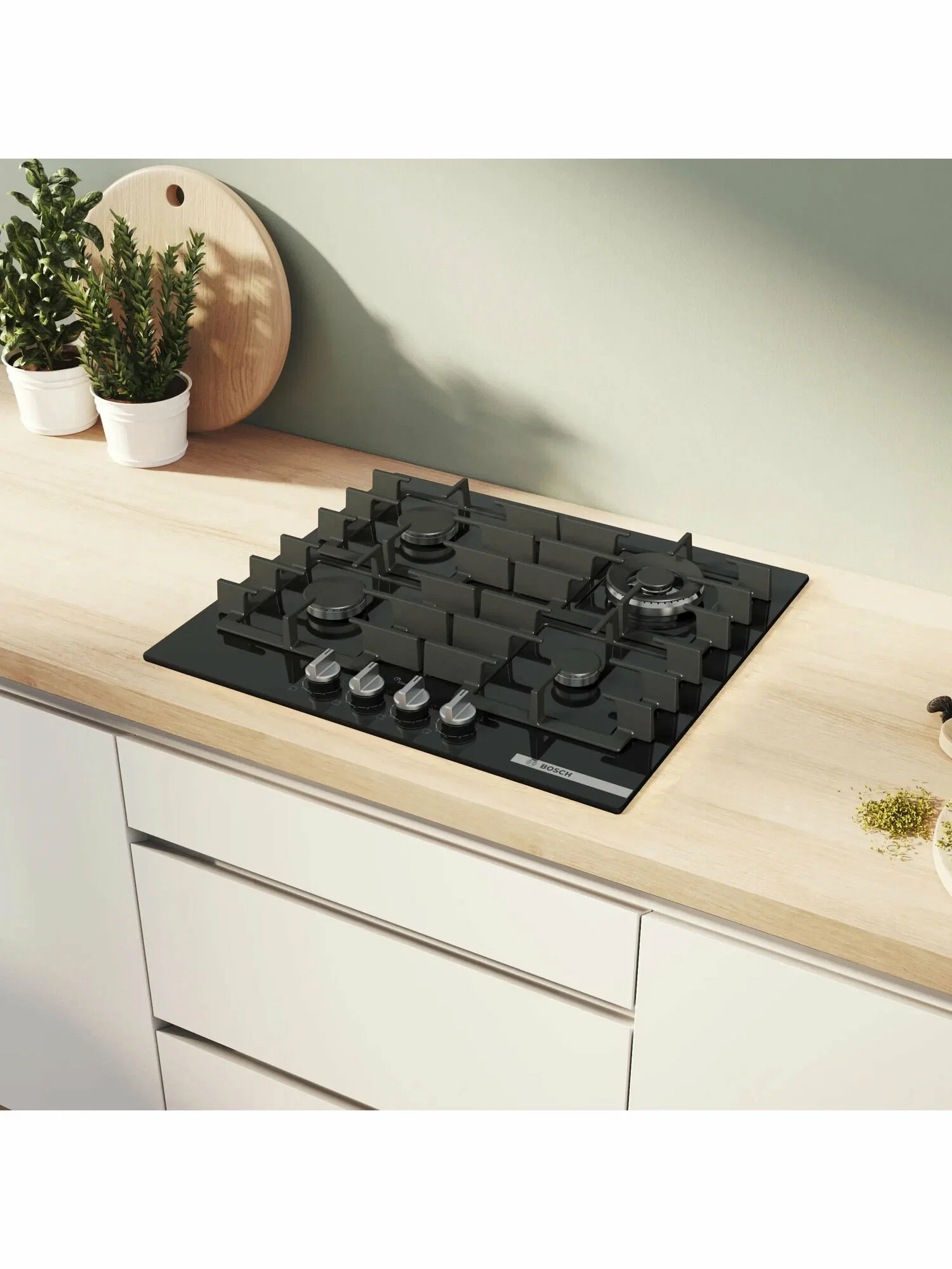 Газовая варочная панель Bosch PGH6B5K90R Serie 4, 60см, нержавеющая сталь, 4 конфорки,1 WOK-конфорка c 2 контурами пламени, составные чугунные решетки