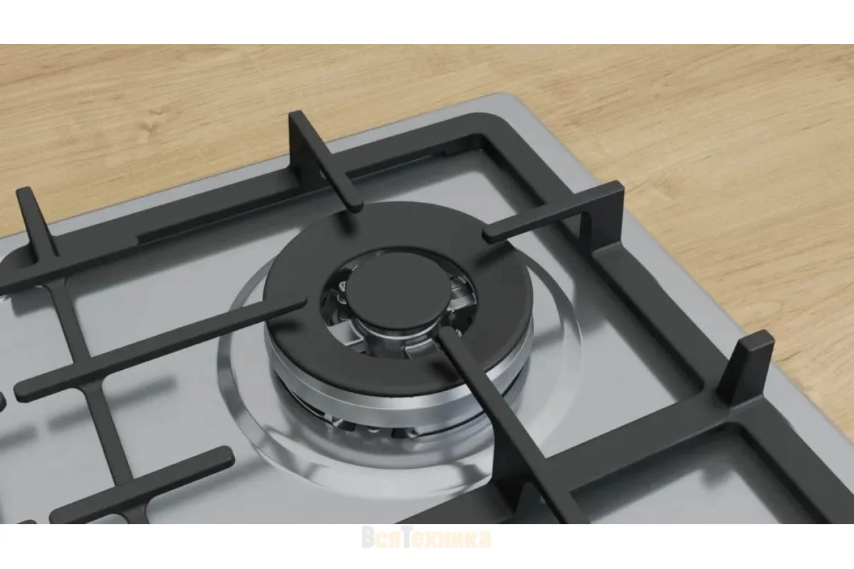Газовая варочная панель Bosch PGH6B5K90R Serie 4, 60см, нержавеющая сталь, 4 конфорки,1 WOK-конфорка c 2 контурами пламени, составные чугунные решетки