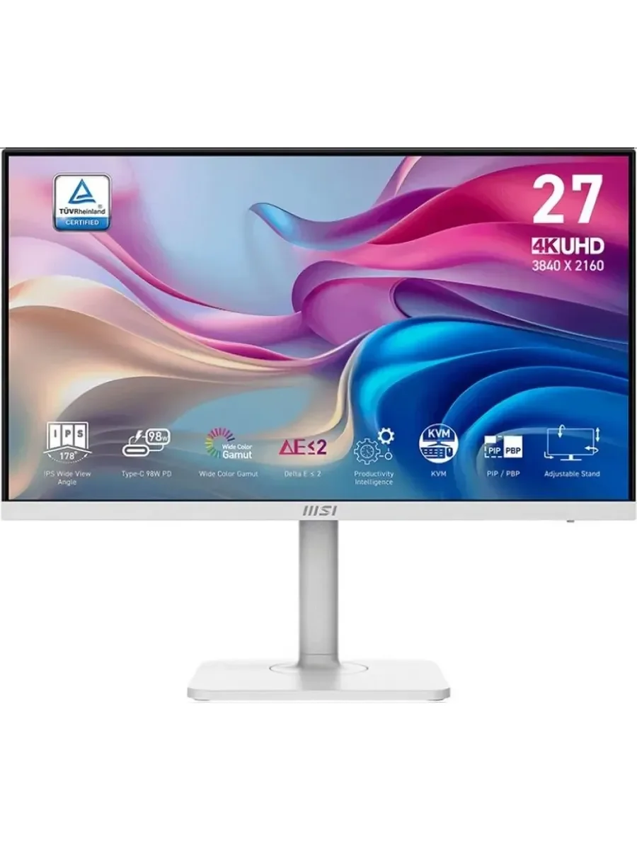 Монитор 27" MSI MD272UPHW IPS 3840x2160, 60 Гц, 4 мс, 16:9, 400 кд/м², 2xHDMI 2.0b, DP 1.4a, USB-C, USB Hub (3x USB 3.0), 3.5 Jack, Adaptive-Sync, бел