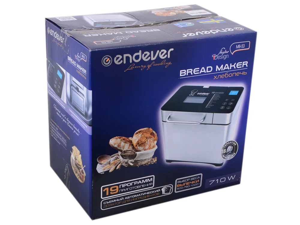 Хлебопечка Endever Skyline MB-53, 710 Вт, 19 программ, таймер 15ч, сохранение уст. прогр., авт. термостат, автоподогрев 60 мин