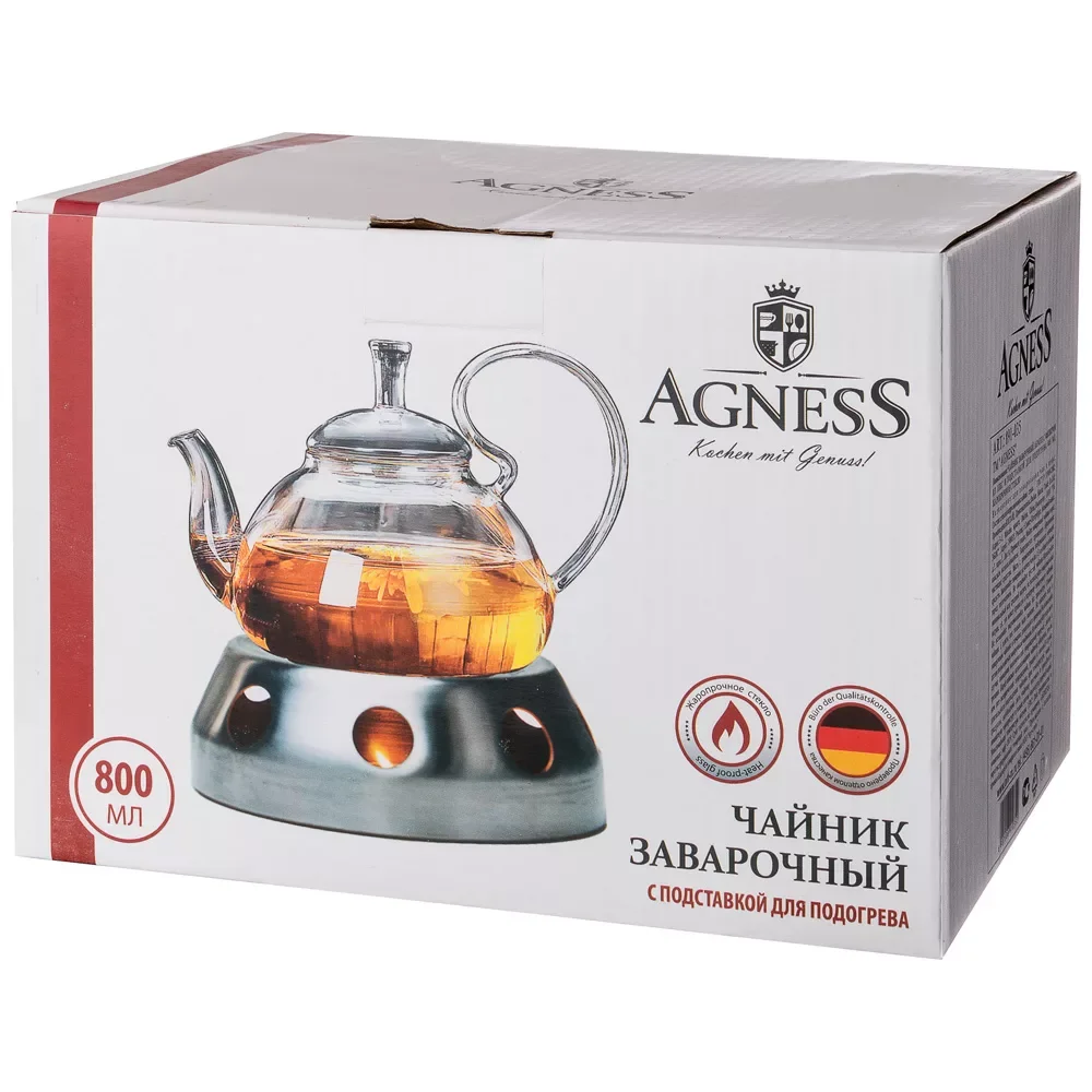 ЧАЙНИК ЗАВАРОЧНЫЙ AGNESS С ФИЛЬТРОМ ИЗ НЖС И СТЕКЛ. ПОДСТАВКОЙ ДЛЯ ПОДОГРЕВА 800 МЛ (КОР=24НАБОР.)