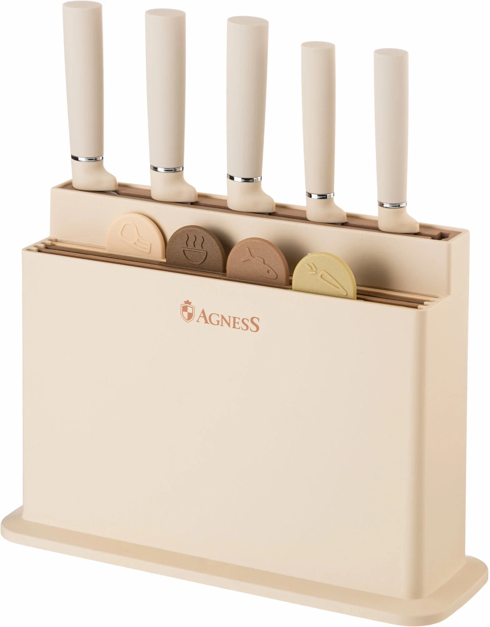 НАБОР AGNESS ИЗ 10ПР: 5 НОЖЕЙ, 4 ДОСКИ И ПОДСТАВКА, ЦВЕТ: БЕЖЕВЫЙ