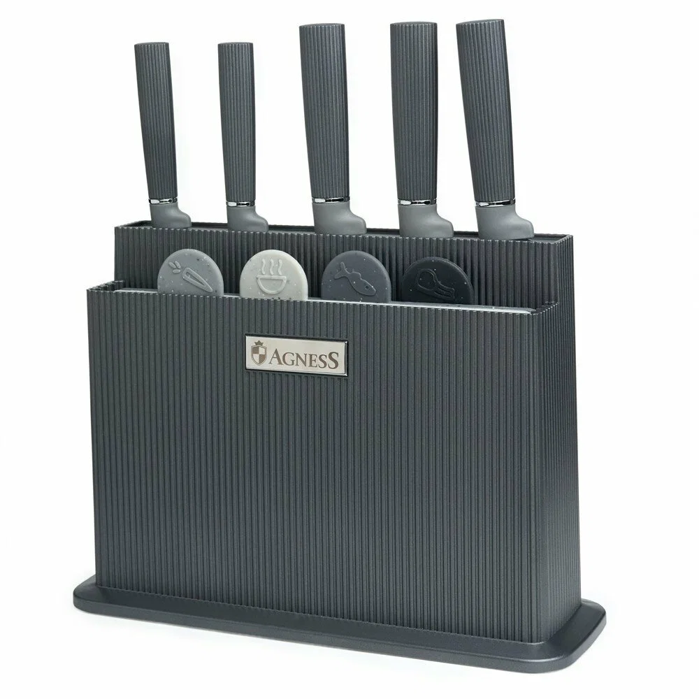 НАБОР AGNESS ИЗ 10ПР: 5 НОЖЕЙ, 4 ДОСКИ И ПОДСТАВКА, ЦВЕТ: ЧЕРНО-СЕРЫЙ