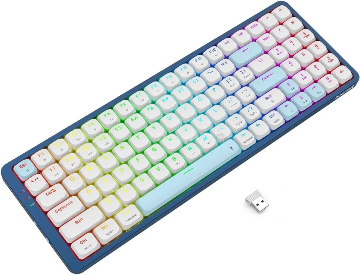 Клавиатура Redragon Eva Pro гибридная, USB Type-A, Bluetooth, радиоканал, белый/синий