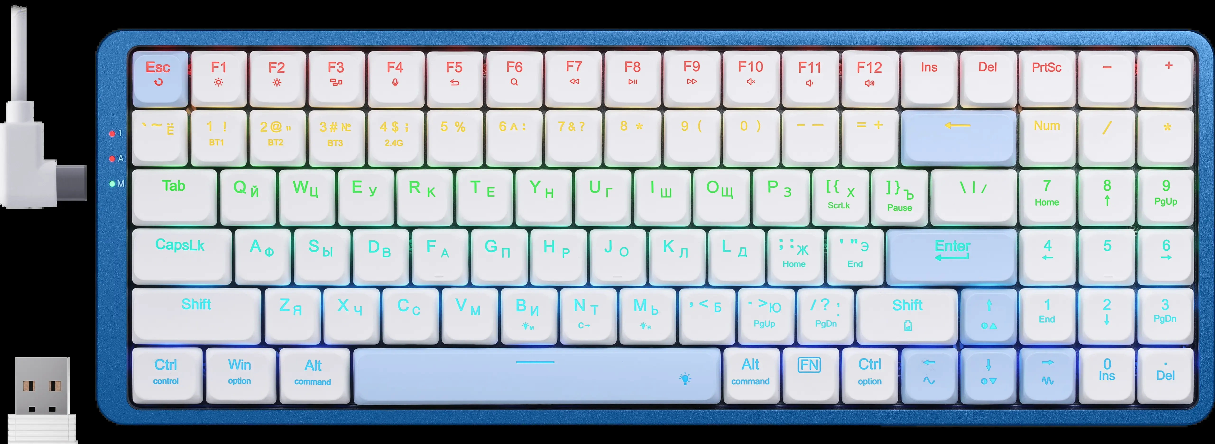 Клавиатура Redragon Eva Pro гибридная, USB Type-A, Bluetooth, радиоканал, белый/синий