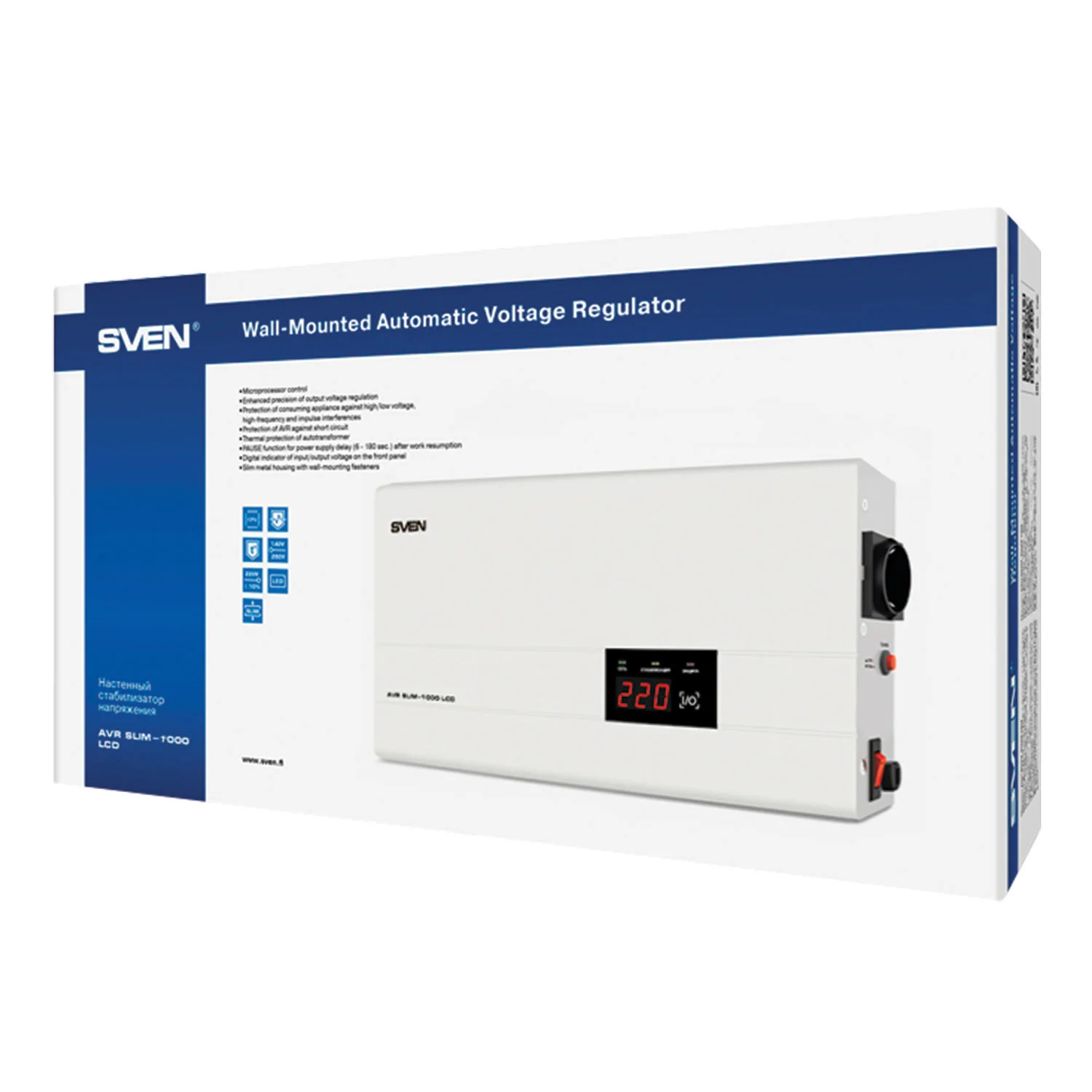 SVEN Стабилизатор AVR SLIM-2000 LCD (1200Вт,Входное 140-260В, 2*CEE7/4 розетки, настенное крепление).