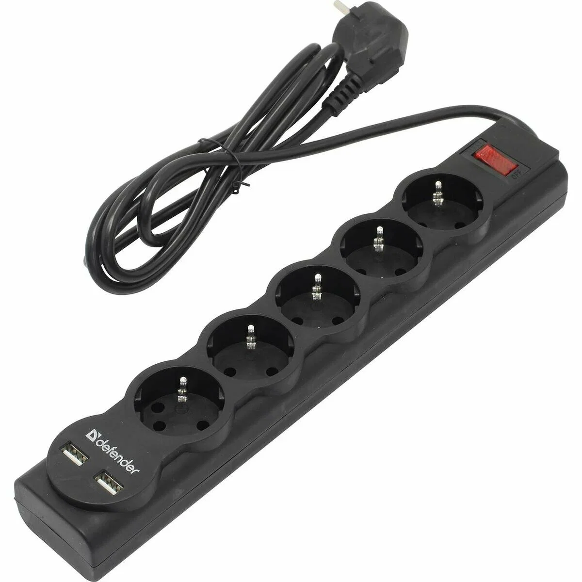 Defender Сетевой фильтр DFS 751, черный, 5 розеток + 2xUSB, 2.1A, 1.8 м.