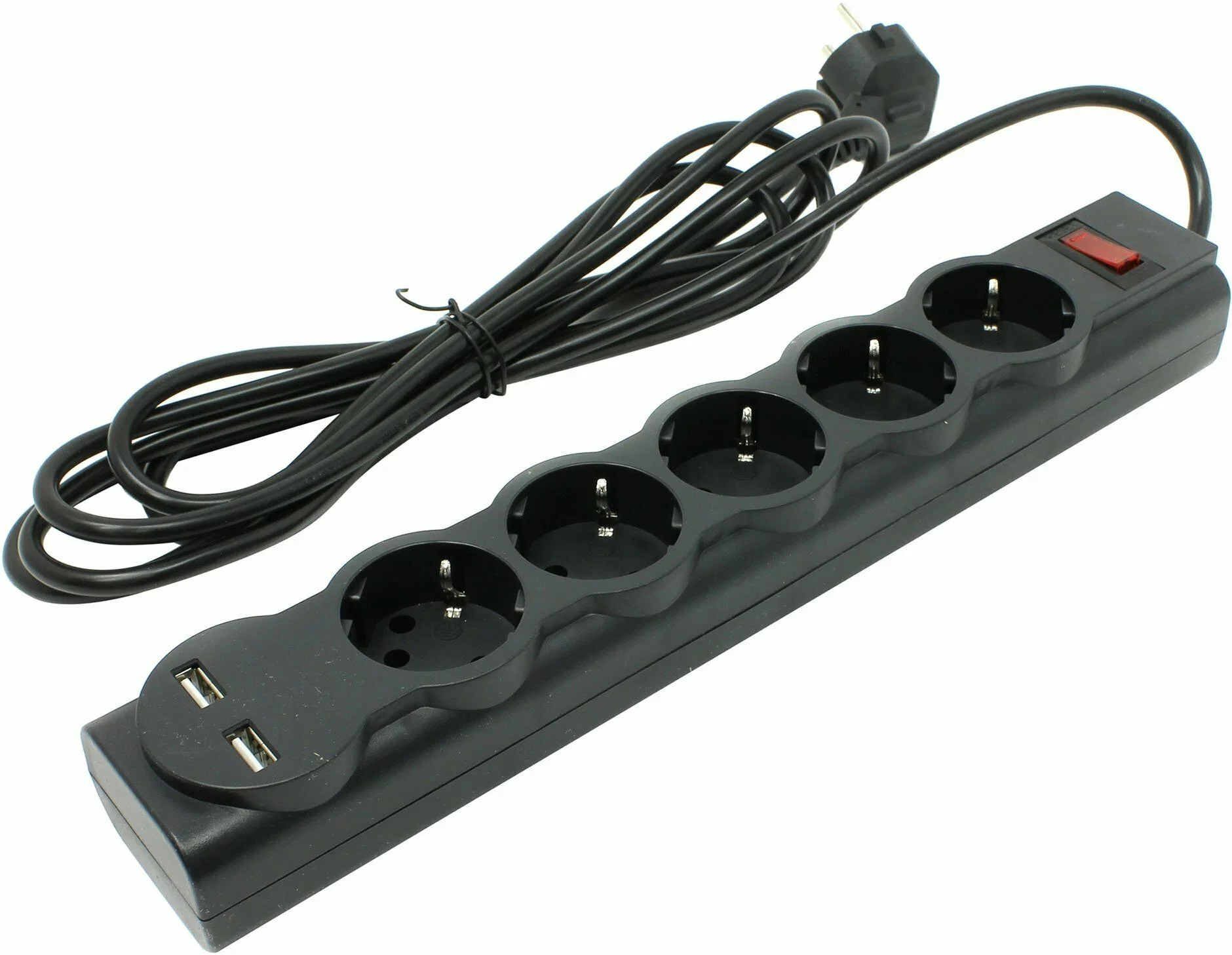 Defender Сетевой фильтр DFS 753, черный, 5 розеток + 2xUSB, 2.1A, 3 м.