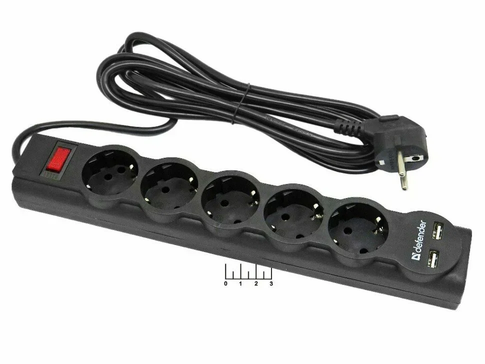 Defender Сетевой фильтр DFS 753, черный, 5 розеток + 2xUSB, 2.1A, 3 м.