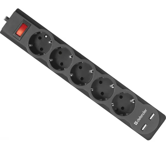 Defender Сетевой фильтр DFS 753, черный, 5 розеток + 2xUSB, 2.1A, 3 м.