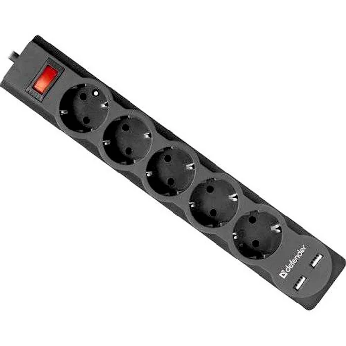 Defender Сетевой фильтр DFS 755, черный, 5 розеток + 2xUSB, 2.1A, 5 м.