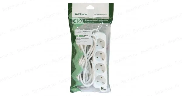 Defender Удинитель с заземлением E450 5.0 м, 4 розетки, белый.
