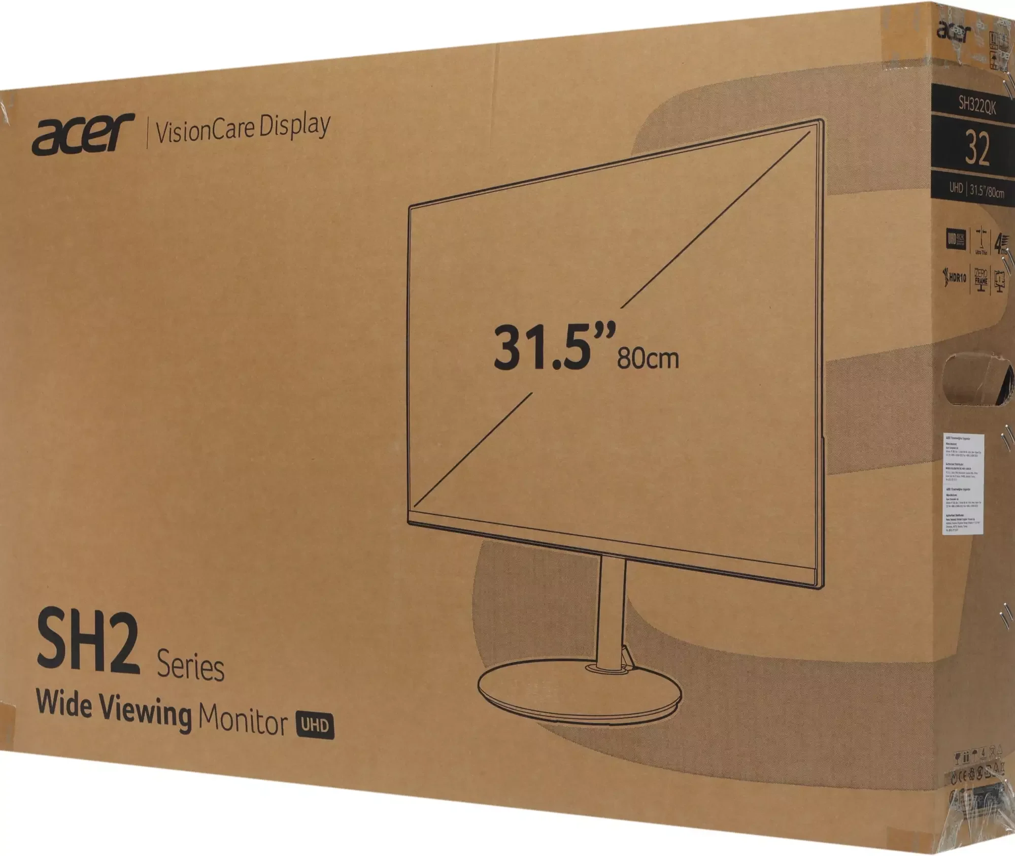 Монитор 31.5" Acer SH322QKbmiiphx VA 3840x2160, 60 Гц, 4 мс, 16:9, 250 кд/м², 2xHDMI 2.0, DP 1.2, HDR10, FreeSync, динамики, черный