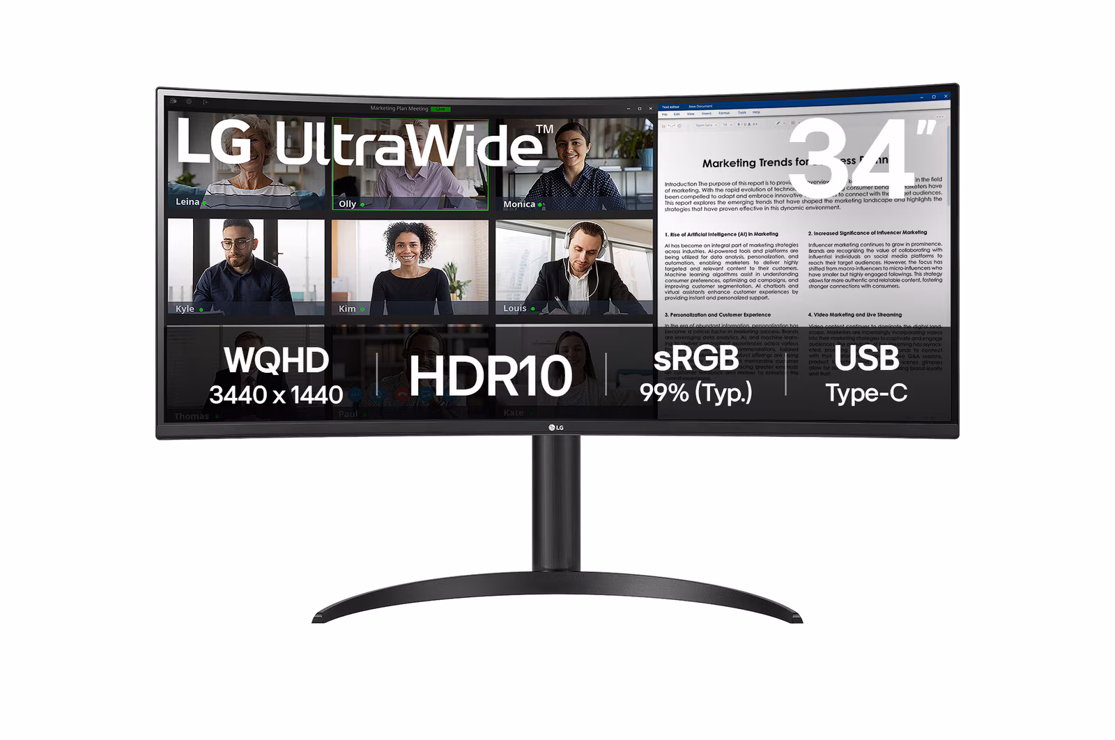 Монитор 34" LG UltraWide 34WR55QK-B VA 3440x1440, 100 Гц, 5 мс, 21:9, 300 кд/м², DP 1.4, 2xHDMI 2.0, USB Type-C, USB Hub, изогнутый экран (1800R), чер