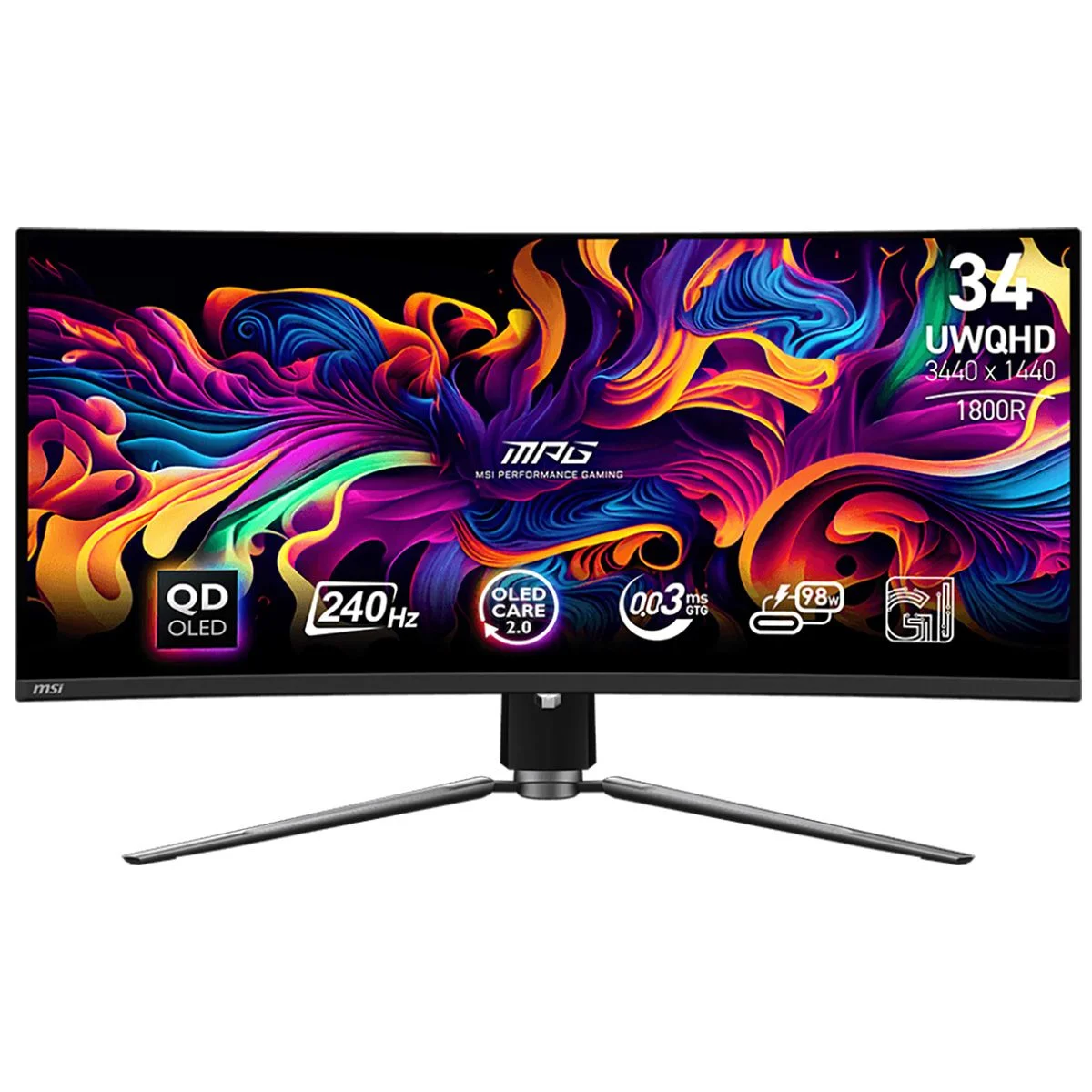Монитор 34" MSI MPG 341CQPX QD OLED 3440x1440, 240 Гц, 0.03 мс, 21:9, 250 кд/м², 2xHDMI, 1xDP, 2xUSB-A 2.0, 1xUSB-C, 1x3.5 мм, изогнутый R1800, черный