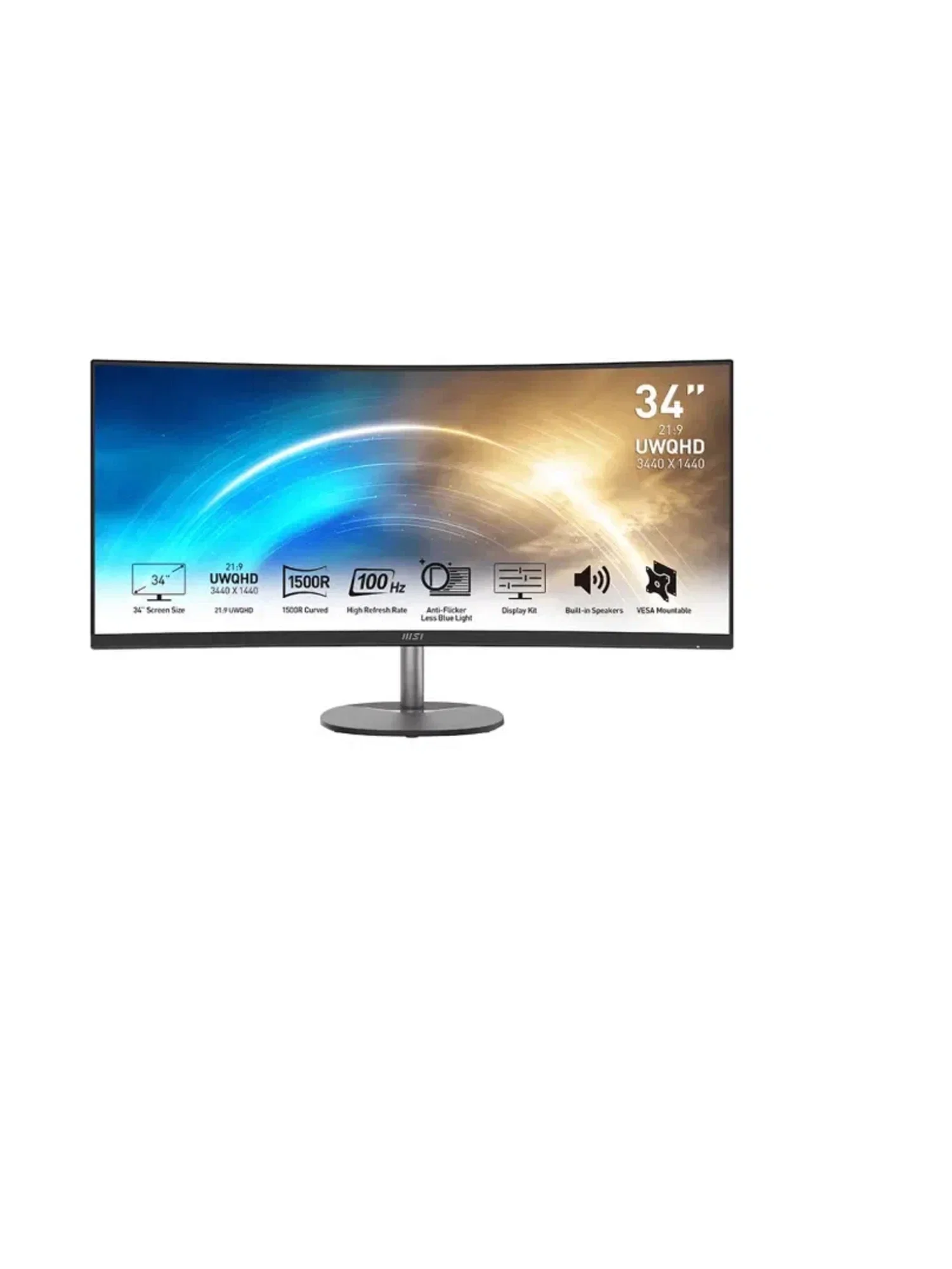 Монитор 34" MSI PRO MP341CQ VA 3440x1440, 100 Гц, 1 мс, 21:9, 300 кд/м², 2xHDMI 2.0b, DP 1.2a, 3.5 Jack, динамики (2x2 Вт), изогнутый экран (1500R), F