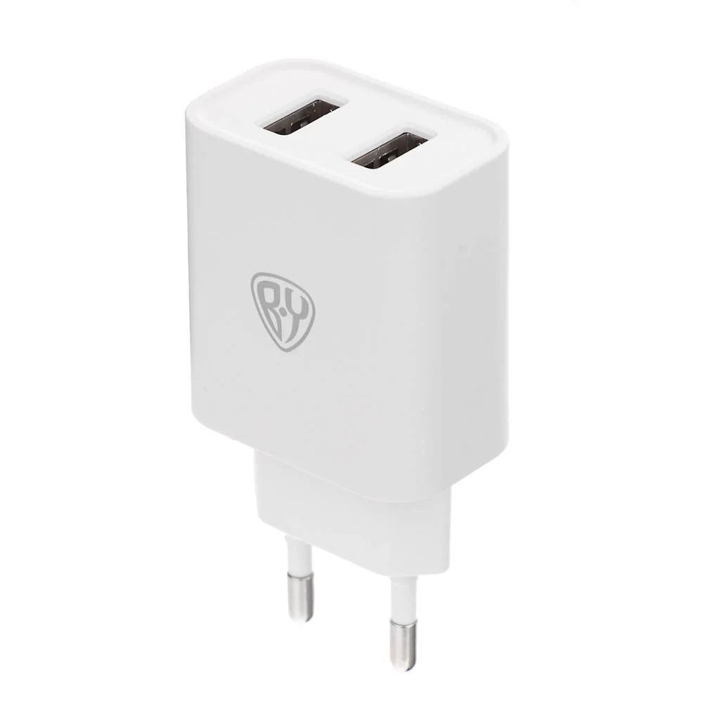 Сетевое зарядное устройство BY Double 10Вт, 2xUSB, 2А, 5В,110-240В, 50-60Гц, пластик белый