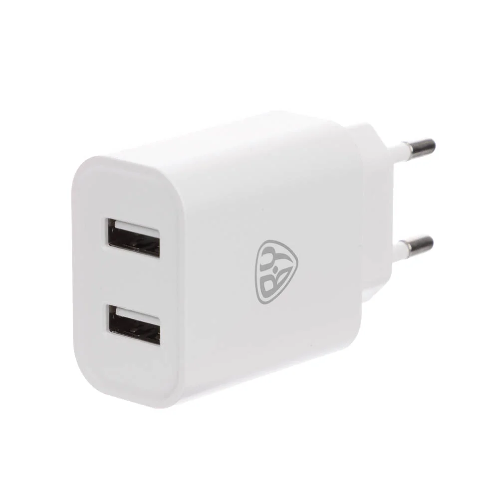 Сетевое зарядное устройство BY Double 10Вт, 2xUSB, 2А, 5В,110-240В, 50-60Гц, пластик белый
