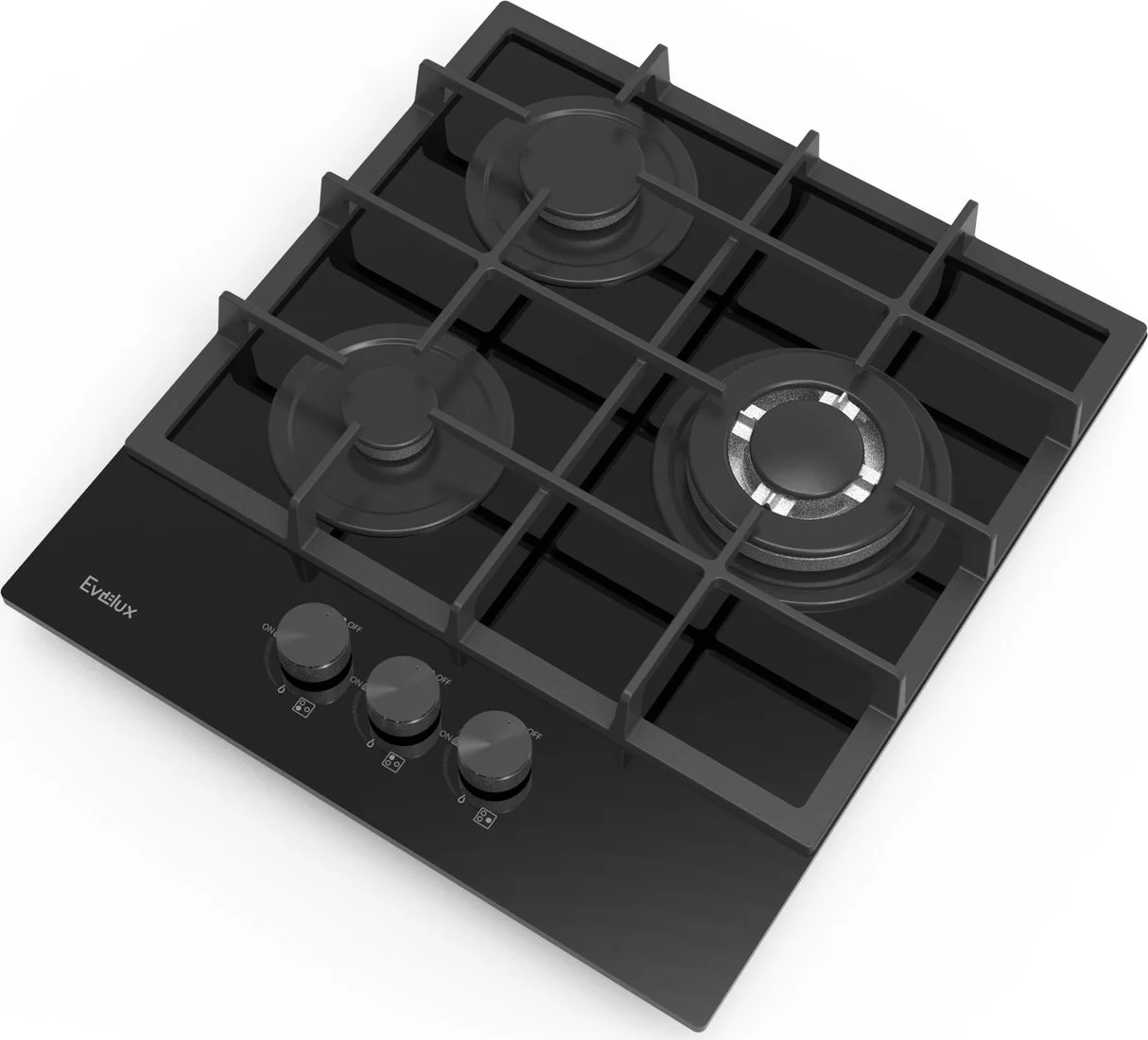 Газовая варочная панель Evelux HEG 425 BG Hi-Tech, 45 см, 3 конфорки, WOK-конфорка, чугунные решетки, газ-контроль, электроподжиг, механическое управл