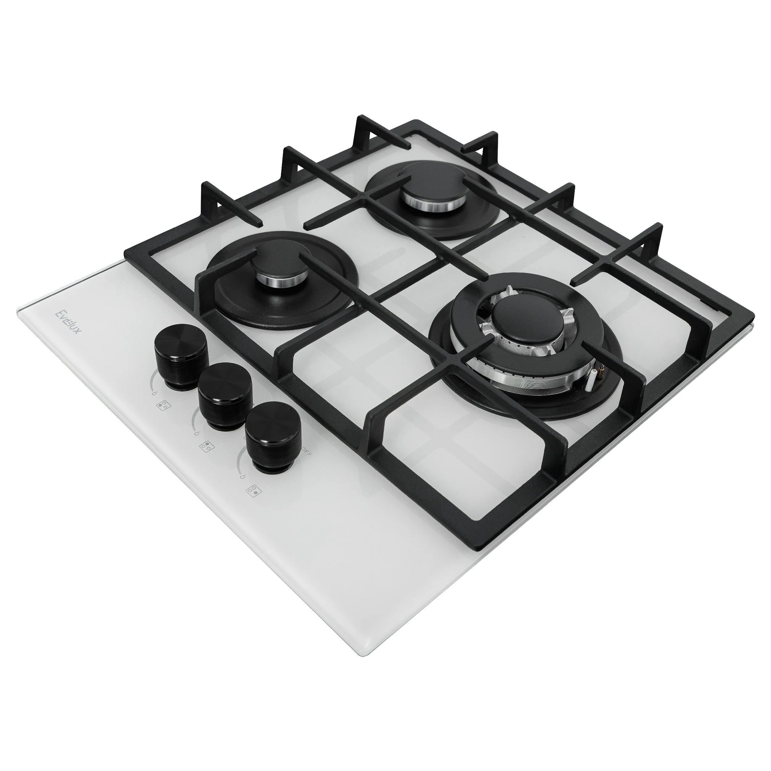 Газовая варочная панель Evelux HEG 425 WG Hi-Tech, 45 см, 3 конфорки, WOK-конфорка, чугунные решетки, газ-контроль, электроподжиг, механическое управл