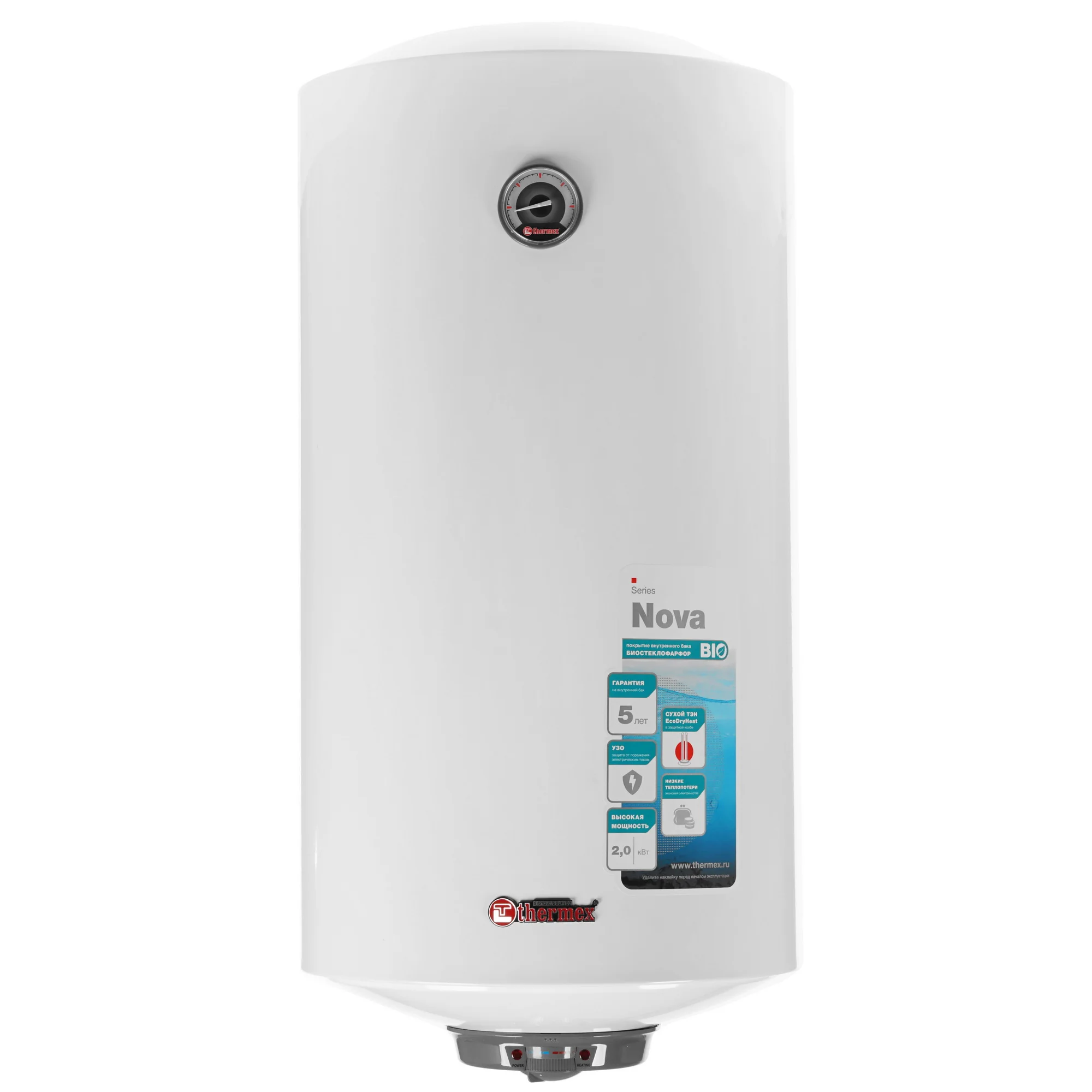 Водонагреватель THERMEX Nova 100 V (2кВт, 100л, Сухой ТЭН, стеклокерамика, 45,9х44,5х90,3см)