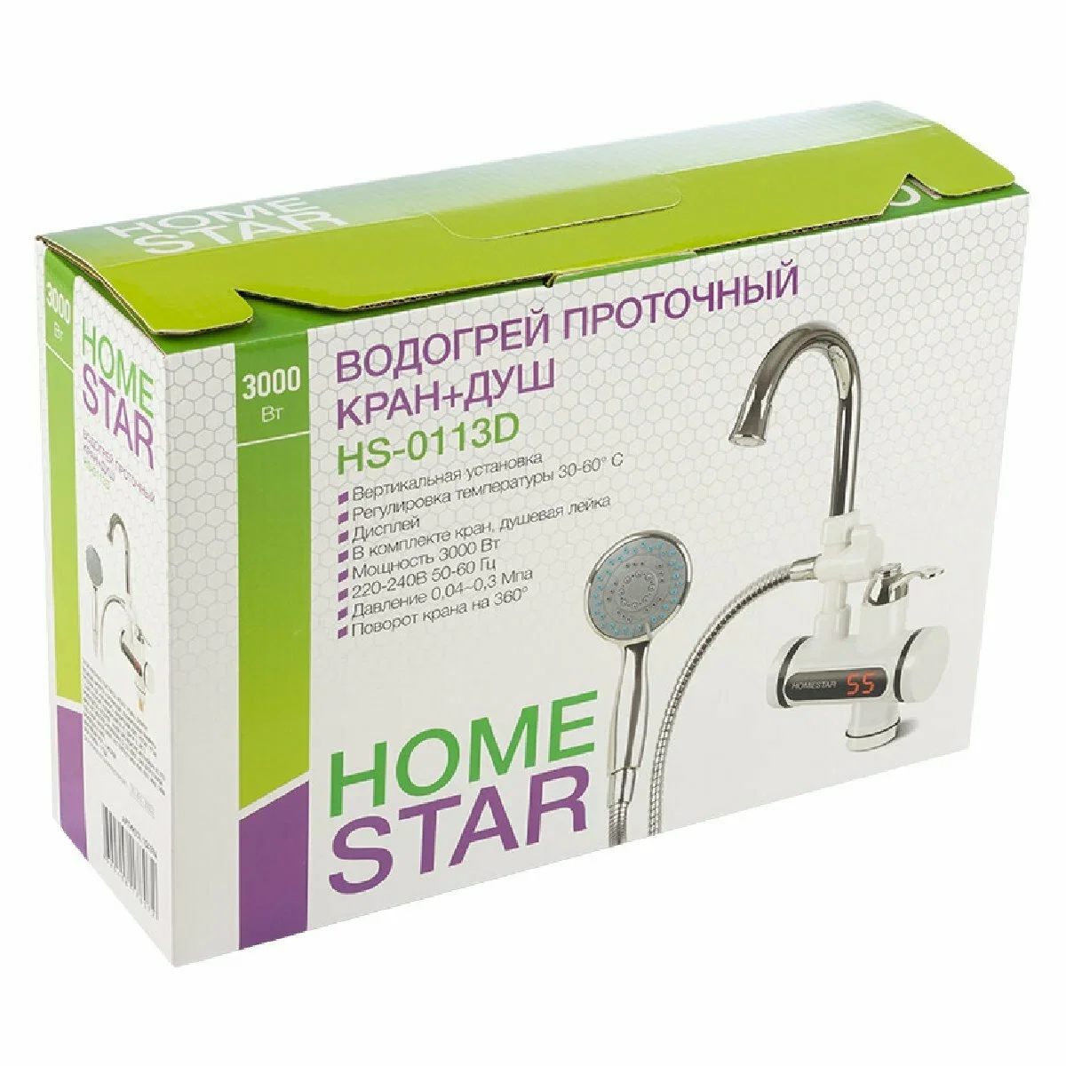 Водонагреватель проточный HomeStar HS-0113D кран+ душ 3кВт 30-60  ͦ C
