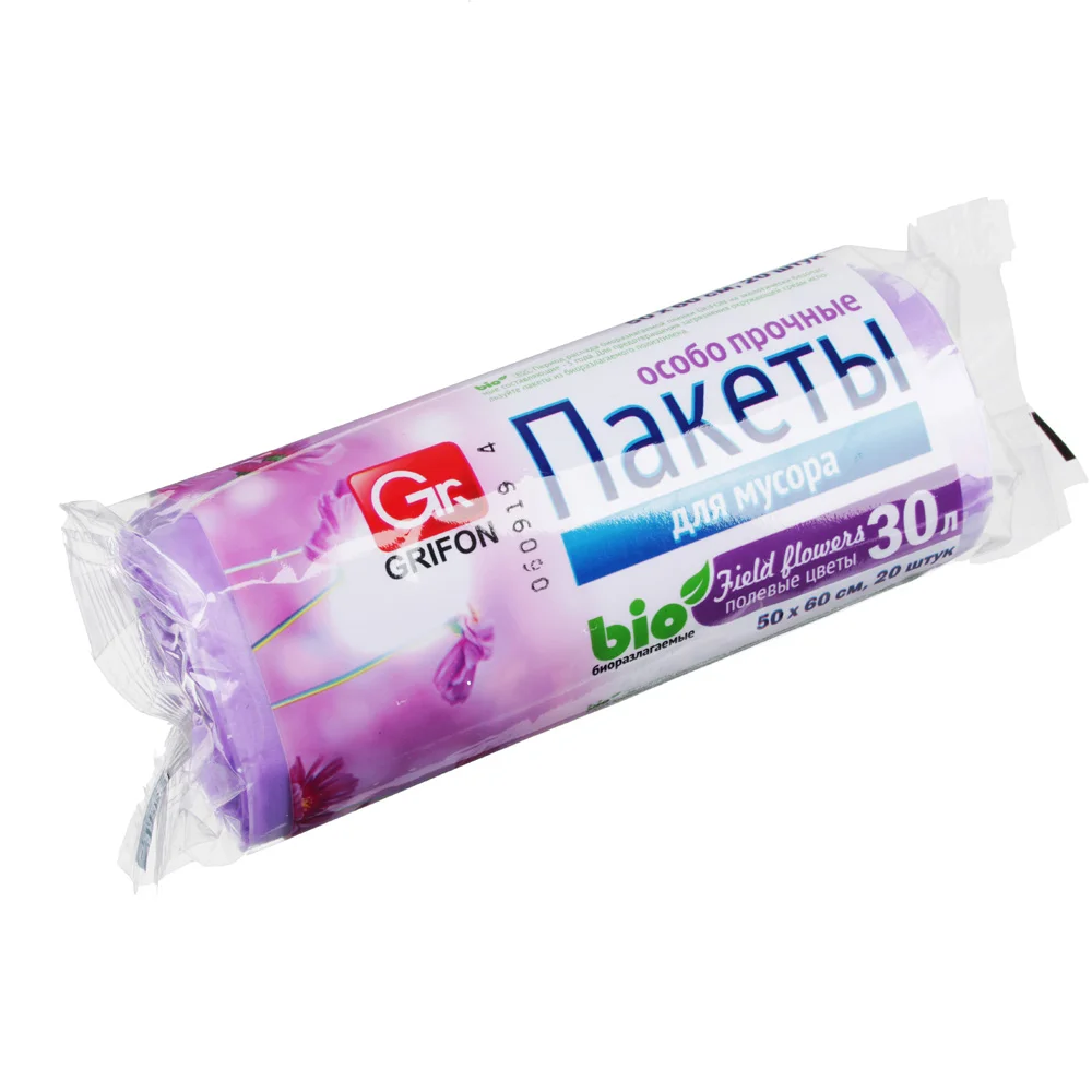 VETTA GRIFON Мешки для мусора Bio 20шт, 30л, 50х60см, особо прочные, 12 микрон, "Полевые цветы", 100